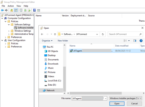 Group Policy Management Editor with a Group Policy Object named 247connect Agent selected. Under Computer Configuration > Policies > Software Settings > Software installation, a file explorer window is open to select a Windows Installer package. The selected file is 247agent... located in the 247connect folder on the Data (D:) drive. The file type is set to Windows Installer packages (*.msi).